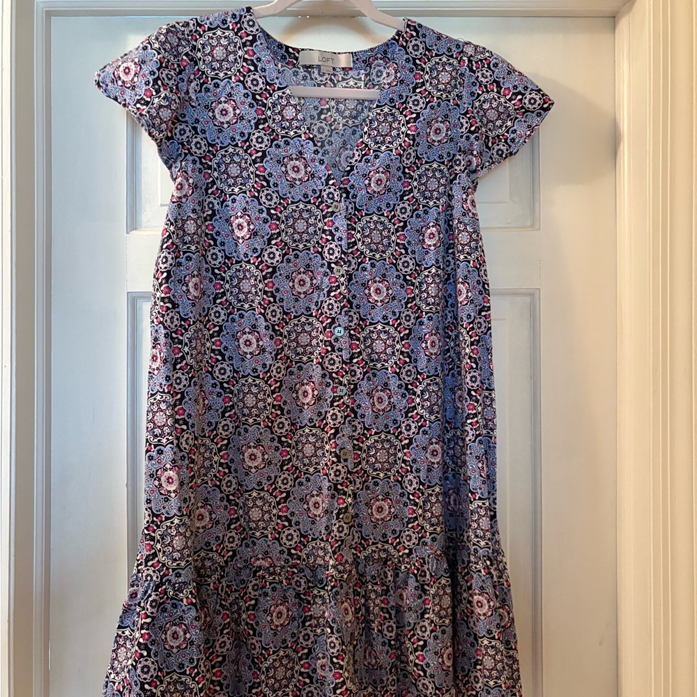 LOFT Blue Ruffled Tiered Sundress with Flutter Cap Sleeves